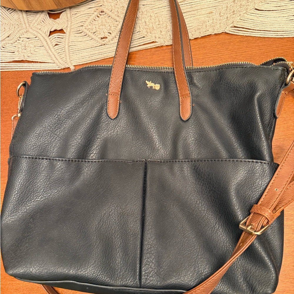 Mathew and Julian black leather crossbody bag with tan straps